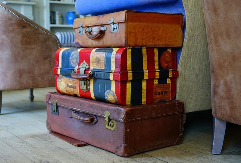 Travel essentials arranged for packing