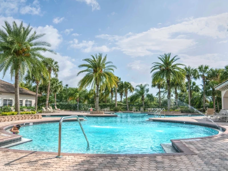 Tropical resort pool surrounded by palms