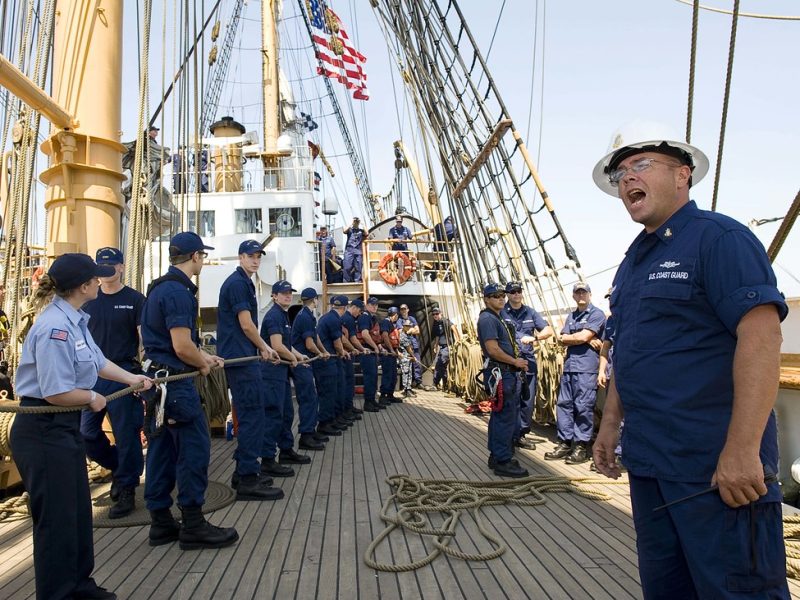 Crew training aboard a sailing ship